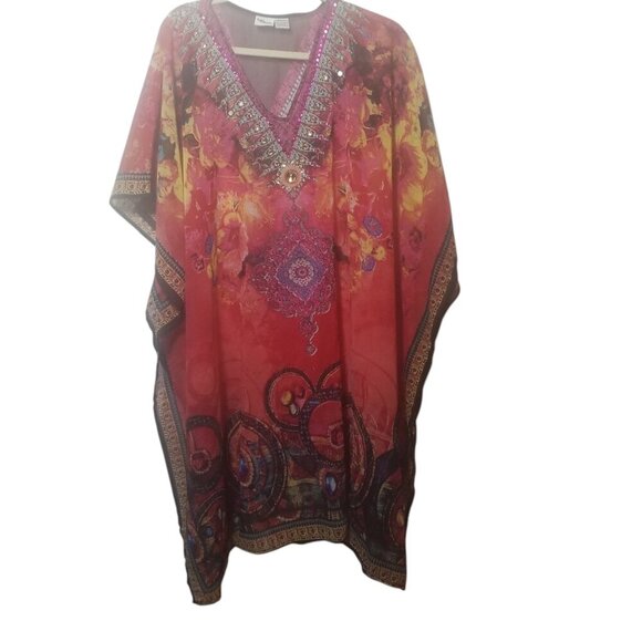 Tropical Print Women's Kaftan/ Sequin Accent Beach Cover-up One Szie - Picture 1 of 5